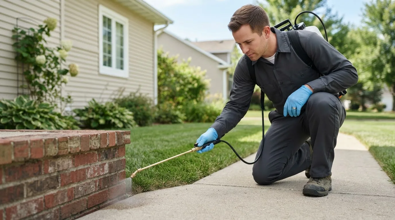 Pest control technician treating a home near Aurora, UT
